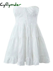 Cyflymder New Women White Strapless Lace Dress Sweet Ladies Sexy Mini Party Robe