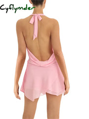 Cyflymder outfit ideas Women Sexy Slim Fit Low Cut Mini Dress Y2K Backless Halter Deep V Neck Mesh Short Dress Elegant