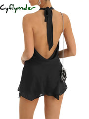 Cyflymder outfit ideas Women Sexy Slim Fit Low Cut Mini Dress Y2K Backless Halter Deep V Neck Mesh Short Dress Elegant