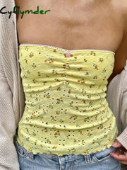 Cyflymder summer inspo Yellow Floral Print Sleeveless Strapless Slim Cute Y2K Tube Top Women Lace Trim Shirring