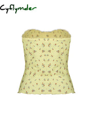 Cyflymder summer inspo Yellow Floral Print Sleeveless Strapless Slim Cute Y2K Tube Top Women Lace Trim Shirring