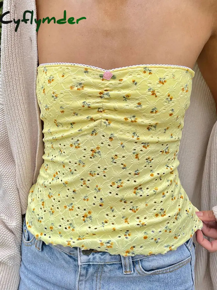 Cyflymder summer inspo Yellow Floral Print Sleeveless Strapless Slim Cute Y2K Tube Top Women Lace Trim Shirring