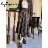 Cyflymder outfit inspo winter Women’s Vintage Plaid Skirt Woolen A- Line Long Dress Coffee Color Slimming Semi-Straight