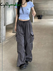 Cyflymder Oversized Jogger Cargo Pants Women Mid Waist Streetwear Fashion Grey Wide Leg Baggy