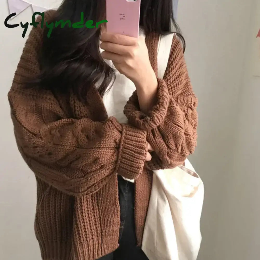 Oversized Knit Sweater Brown Autumn Winter New Women Korean Fashion Sweet Long Sleeve Twisted Knitted Coat Sweater Cardigan Cyflymder