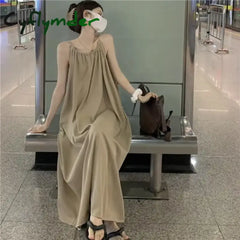 Oversized Women Clothing Fashion Lacing Solid Color Square Collar Slip Dress Femme Sexy Loose Pleated Pullover Sling Long Dress