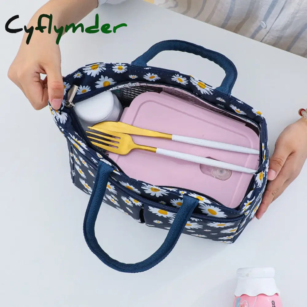 Cyflymder Oxford Cloth Large Capacity Thermal Lunch Bag Daisy Printed Food Bento Insulated Pouch