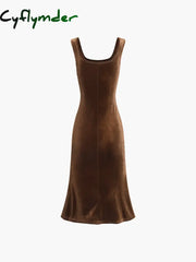 Cyflymder - Paradise Feeling Velvet Zippered Midi Dress Dresses