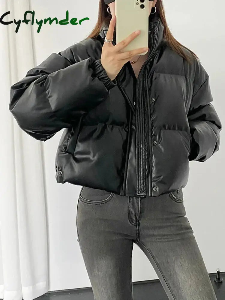 Parkas for Women Faux Leather Zippers Turtleneck Casual Coat Winter Fashion Thermal Button Pocket Female Jackets Cyflymder