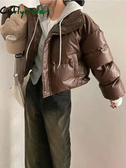 Parkas for Women Faux Leather Zippers Turtleneck Casual Coat Winter Fashion Thermal Button Pocket Female Jackets Cyflymder