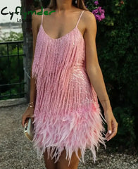 Cyflymder party outfits Summer Pink Party Dress Evening Luxury Women Clothes Tassel Fringed Sexy Bodycon Dress Club