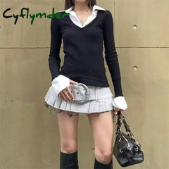 Cyflymder Patchwork Fake Two-Piece T-Shirt Vintage Stitched Streetwear Top Women Y2K Full Sleeve