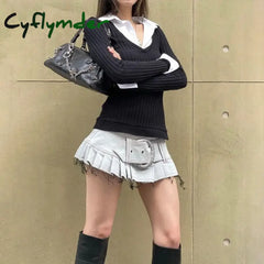 Cyflymder Patchwork Fake Two-Piece T-Shirt Vintage Stitched Streetwear Top Women Y2K Full Sleeve