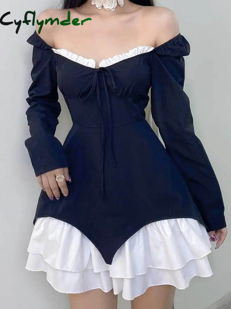 Cyflymder Patchwork Slim Ball Gown A-Line Dress Vintage Quare Collar Long Sleeve Mini Dresses For Women Elegant Fashion