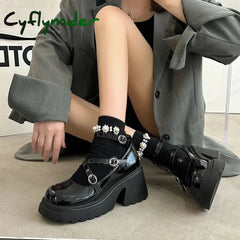 Cyflymder Patent Leather Ankle Strap Lolita Shoes Women Thick Heels Platform Mary Janes Woman Sweet