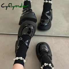 Cyflymder Patent Leather Ankle Strap Lolita Shoes Women Thick Heels Platform Mary Janes Woman Sweet