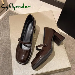 Cyflymder Patent Leather Brown Shoes Vintage Thick High Heels Mary Jane Shoes Women Woman Square Toe Chunky Heels Pumps