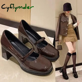 Cyflymder Patent Leather Brown Shoes Vintage Thick High Heels Mary Jane Shoes Women Woman Square Toe Chunky Heels Pumps