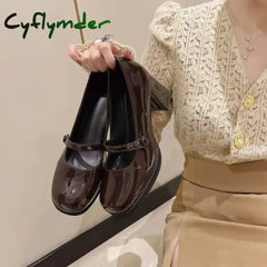 Cyflymder Patent Leather Brown Shoes Vintage Thick High Heels Mary Jane Shoes Women Woman Square Toe Chunky Heels Pumps
