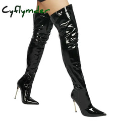 Cyflymder Patent Leather Over The Knee Boots Ladies High Heels New Large Size Sexy Thigh High Boots Stiletto Women Boots