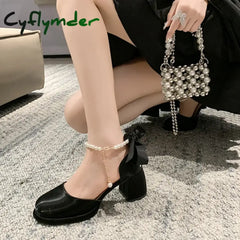 Cyflymder Pearl Ankle Buckle Thick Heel Pumps Women Back Bowtie Lace Up Mary Jane Shoes Woman Autumn Platform High