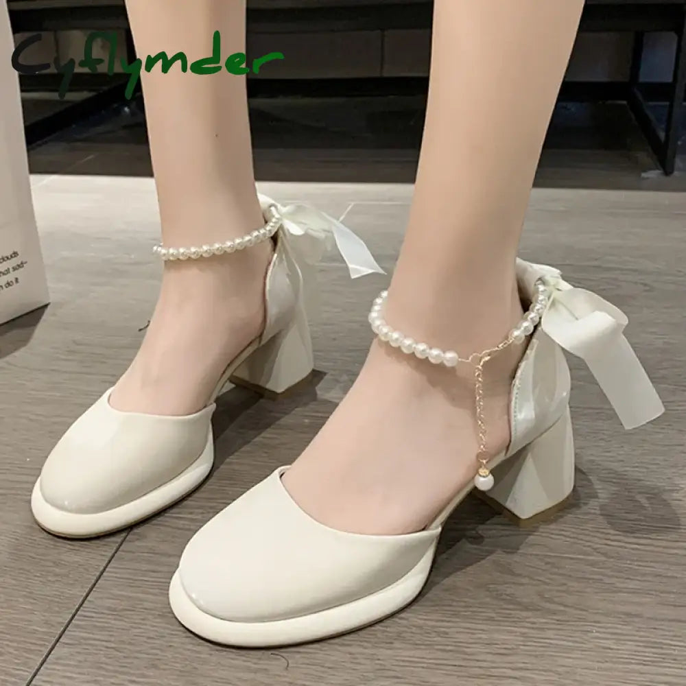 Cyflymder Pearl Ankle Buckle Thick Heel Pumps Women Back Bowtie Lace Up Mary Jane Shoes Woman Autumn Platform High