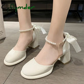 Cyflymder Pearl Ankle Buckle Thick Heel Pumps Women Back Bowtie Lace Up Mary Jane Shoes Woman Autumn Platform High