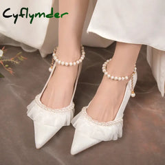 Cyflymder Pearl Ankle Strap Thin Heel Pumps Women Sexy Lace String Bead Party Wedding Shoes Woman Autumn Pointed Toe