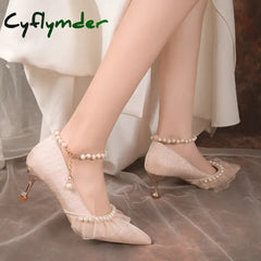Cyflymder Pearl Ankle Strap Thin Heel Pumps Women Sexy Lace String Bead Party Wedding Shoes Woman Autumn Pointed Toe