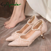 Cyflymder Pearl Ankle Strap Thin Heel Pumps Women Sexy Lace String Bead Party Wedding Shoes Woman Autumn Pointed Toe