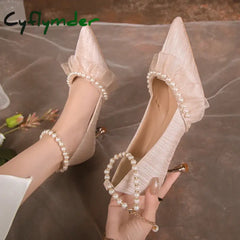 Cyflymder Pearl Ankle Strap Thin Heel Pumps Women Sexy Lace String Bead Party Wedding Shoes Woman Autumn Pointed Toe