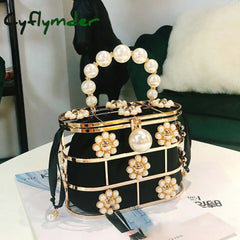 Cyflymder Pearl Basket Evening Clutch Bag Women Famous Brand Hollow Out Flowers Beaded Metallic