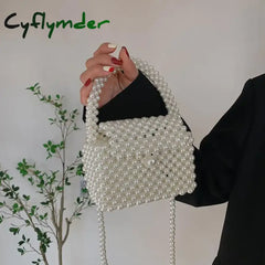 Cyflymder Pearl Crossbody Bags for Women Small Coin Wallet Handbag Handmade Woven Ladies Phone Tote Hand Shoulder Bag