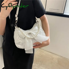 Cyflymder Pearl Female Bag Retro Luxury Designer Handbag Bow Crossbody Bags Fashion Canvas