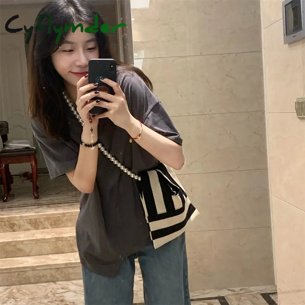 Cyflymder Pearl Striped Canvas Handbag Women Cute Shoulder Bag Mini Student Diagonal Beaded Chain