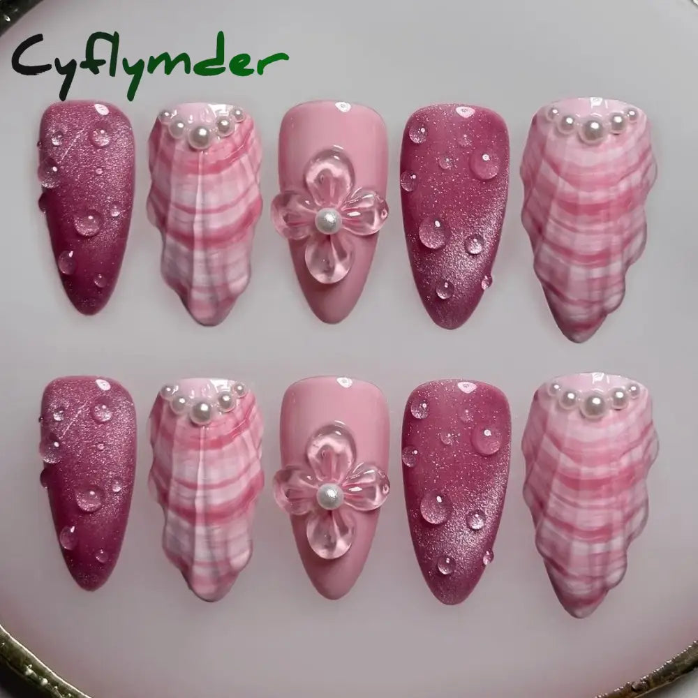 Cyflymder Pink 3D Shell Nail Art Flowers Pressons Tips Cat Eye Seashells Almond Press Ons Spring Autumn Seashell