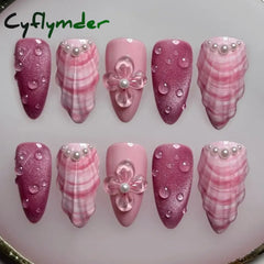 Cyflymder Pink 3D Shell Nail Art Flowers Pressons Tips Cat Eye Seashells Almond Press Ons Spring Autumn Seashell
