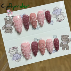 Cyflymder Pink 3D Shell Nail Art Flowers Pressons Tips Cat Eye Seashells Almond Press Ons Spring Autumn Seashell
