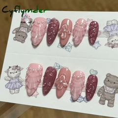 Cyflymder Pink 3D Shell Nail Art Flowers Pressons Tips Cat Eye Seashells Almond Press Ons Spring Autumn Seashell