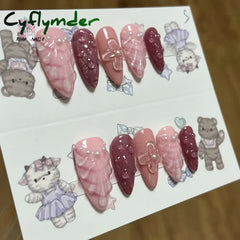 Cyflymder Pink 3D Shell Nail Art Flowers Pressons Tips Cat Eye Seashells Almond Press Ons Spring Autumn Seashell