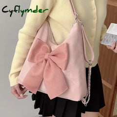 Cyflymder Pink Bow Womens Shoulder Bag Korean Style Fashion Large Capacity Sweet Backpack Cute Exquisite Elegant New