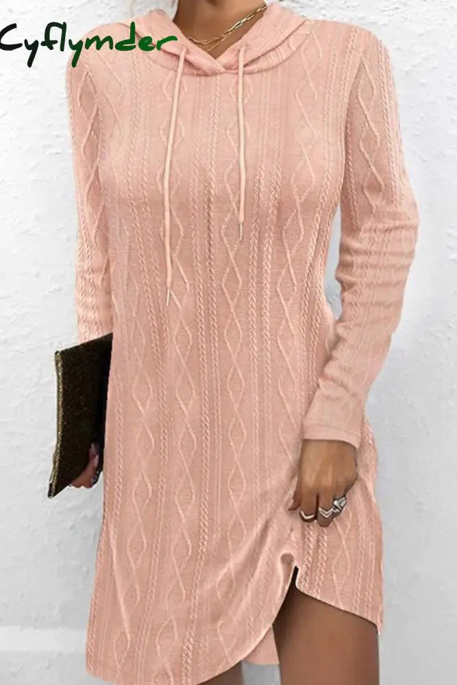 Cyflymder - Pink Casual Solid Basic Hooded Collar Long Sleeve Dresses