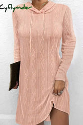 Cyflymder - Pink Casual Solid Basic Hooded Collar Long Sleeve Dresses