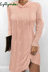 Cyflymder - Pink Casual Solid Basic Hooded Collar Long Sleeve Dresses