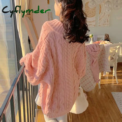 Cyflymder Pink Kawaii Oversize Knitwear Sweaters Women Sweet Cute Big Bow Pullovers Autumn Winter Keep Warm Lantern