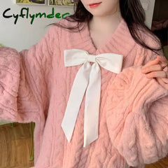 Cyflymder Pink Kawaii Oversize Knitwear Sweaters Women Sweet Cute Big Bow Pullovers Autumn Winter Keep Warm Lantern