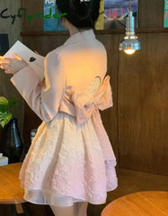Cyflymder Pink Kawaii Sweet Party Mini Dress Women Bow Korean Style Elegant Strap Female France