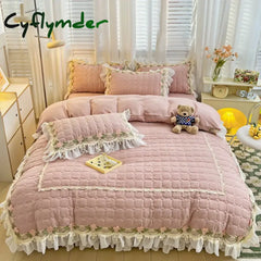 Cyflymder Pink Korean Princess Style Bedding Set Flowers Lace Ruffles Embroidery Quilted Thick Duvet Cover Bedspread
