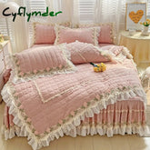 Pink Korean Princess Style Bedding Set Flowers Lace Ruffles Embroidery Quilted Thick Duvet Cover Bedspread Bed Skirt Pillowcases