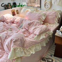 Cyflymder Pink Korean Princess Style Lace Ruffles Bedding Set Skin-friendly Seersucker Duvet Cover Set Fitted Sheet/Bed